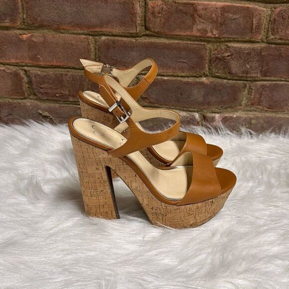 Jessica Simpson Womens Divella Tan Leather Open Toe Platform Heel Size 8 - Picture 1 of 8